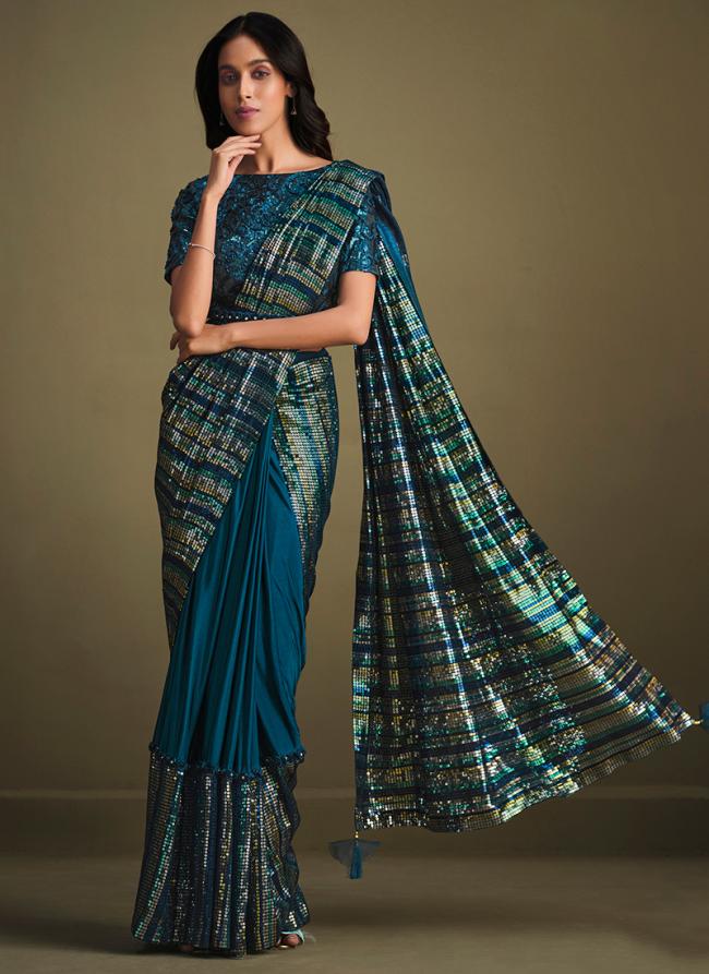 Crystal Silk Teal Party Wear Sequins Work Ready To Wear Saree